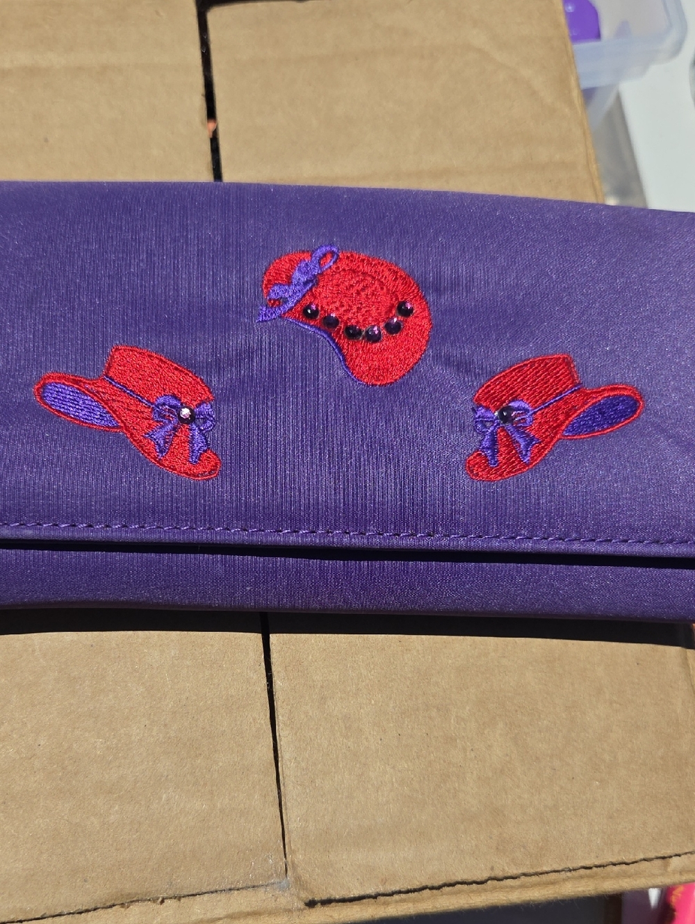 Purple Clutch Wallet with Red Hat Embroidery